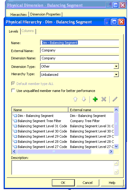 This screen shot displays an example of how to change the name of a physical hierarchy for a dimension.